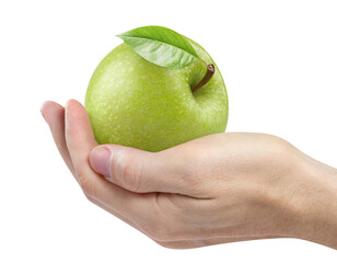 Hand holding delicious green apple, cut out