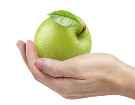 Hand holding delicious green apple, cut out