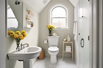 Small-space bathroom with clever storage solutions, a pedestal sink, and a glass shower enclosure, maximizing functionality in a compact area - Generative AI