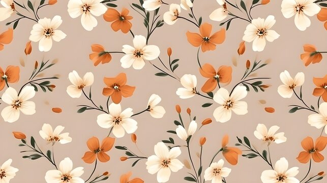 Minimal floreal pattern with small flowers, high details, light warm background.
