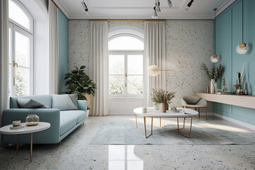 Fototapeta premium Modern cozy living room, classic clean interior design with blue, white and beige colors. Super photo realistic background, generative ai illustration