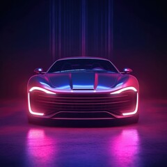 Plakat The futuristic autonomous sports car with HUD stands in neon fog. (Generative AI)