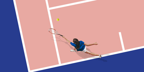 Collage. Top view image of young brunette girl in blue shirt playing tennis at the court. Hits ball...