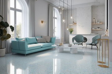 Modern cozy living room, classic clean interior design with blue, white and beige colors. Super photo realistic background, generative ai illustration