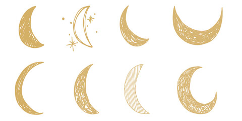 Celestial golden neutral sparkling exploding Golden crescent moon hand drawn in simple, minimalist style, wedding invitations, card, birthday wish collection set. © Alina Nikitaeva