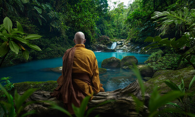 Buddhist monk observing the nature. AI generative - obrazy, fototapety, plakaty