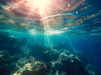 Obraz premium Ocean sunlight in the water, atmospheric environment, vibrant. Generative Ai Illustration. 