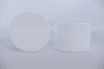 White blank glossy cosmetic plastic jar mock up template on isolated white background, cosmetic container for body cream, gel, butter, bath salt, skin care, powder. 3D illustration