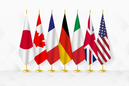 Members of G7 flags on flag stand, set of vector flag.