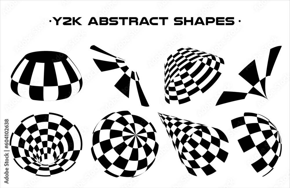 Poster Set of abstract aesthetic y2k geometric elements and wireframe shapes. Black and white retro line design elements. Vector illustration for social networks or posters. EPS 10