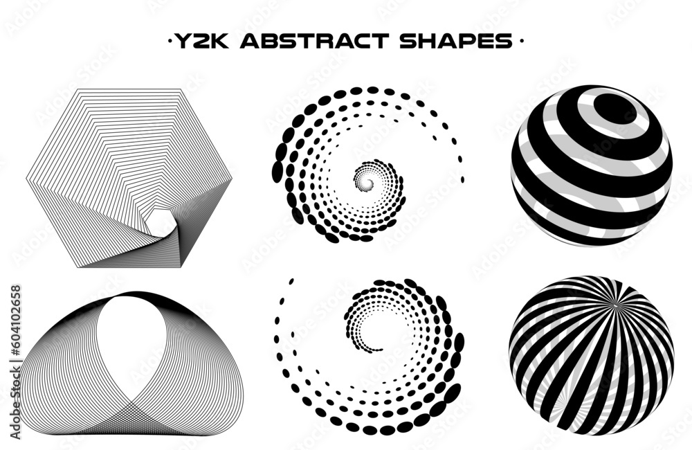 Poster Set of abstract aesthetic y2k geometric elements and wireframe shapes. Black and white retro line design elements. Vector illustration for social networks or posters. EPS 10