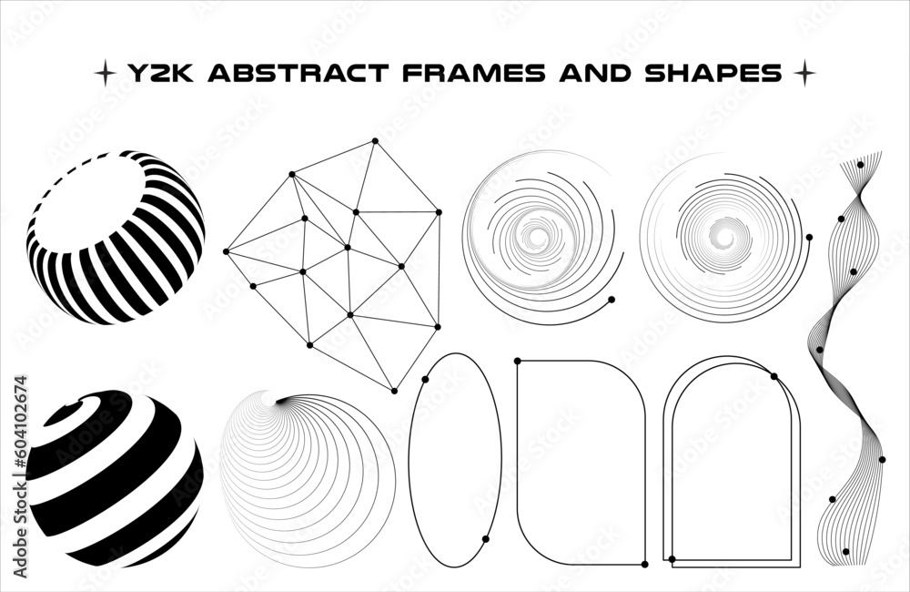 Poster Set of abstract aesthetic y2k geometric elements and wireframe shapes. Black and white retro line design elements. Vector illustration for social networks or posters. EPS 10