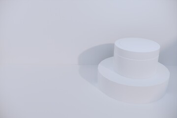 White blank glossy cosmetic plastic jar mock up template on the podium isolated white background, cosmetic container for body cream, gel, butter, bath salt, skin care, powder. 3D illustration