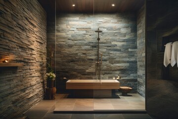 Spa-inspired bathroom with natural stone tiles, a rain shower, and a built-in sauna, providing a tranquil and rejuvenating experience - Generative AI