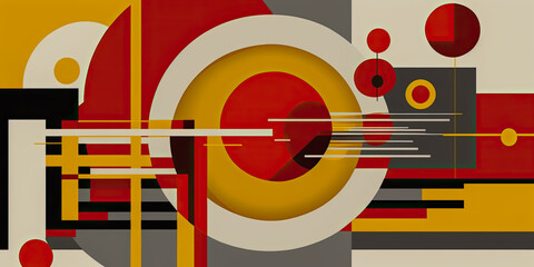 Abstract vector art in Bauhaus style with rectangles and circles in blue yellow and red colors - Generative AI