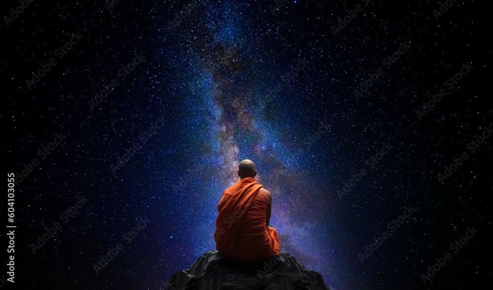 Sticker buddhist monk looking at the universe. ai generative