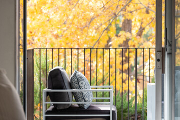 Detail view through bedroom to deck chair among bright yellow autumn foliage.