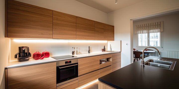 A modern kitchen with sleek appliances, illuminated by led strips - Generative AI