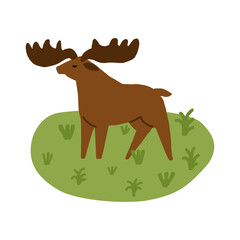 Cute elk, big brown moose, stag on the meadow. Childish hand-drawn forest animal, wildlife vector illustration.