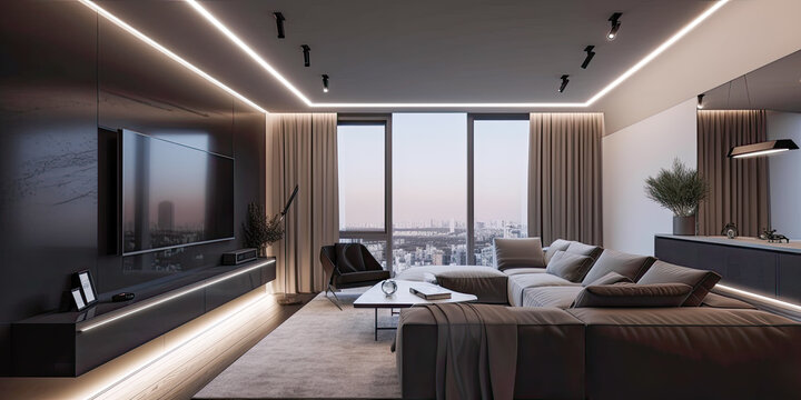 Modern style living room with large open windows overlooking city view - Generative AI