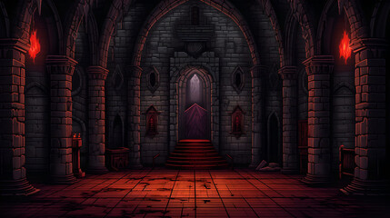Fototapeta na wymiar RPG Gaming Battle Scene Vampire Castle Dungeon in Pixel 8bits 16bits 32 bits Style