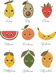 Fruit of the spirit design vector, boho fruits set, baby poster, children design, Christian illustration, bible verse art