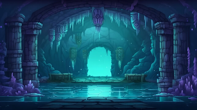 RPG Gaming Battle Scene Underwater Dungeon in Pixel 8bits 16bits 32 bits Style