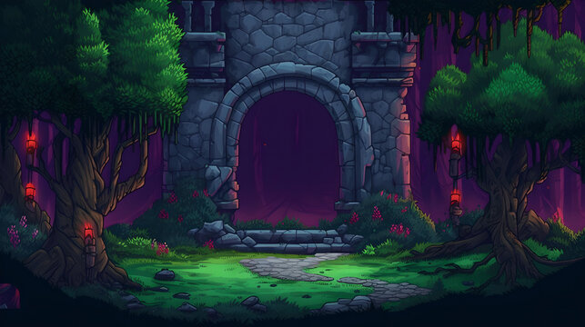 Fototapeta RPG Gaming Battle Scene Forest Dungeon in Pixel 8bits 16bits 32 bits Style