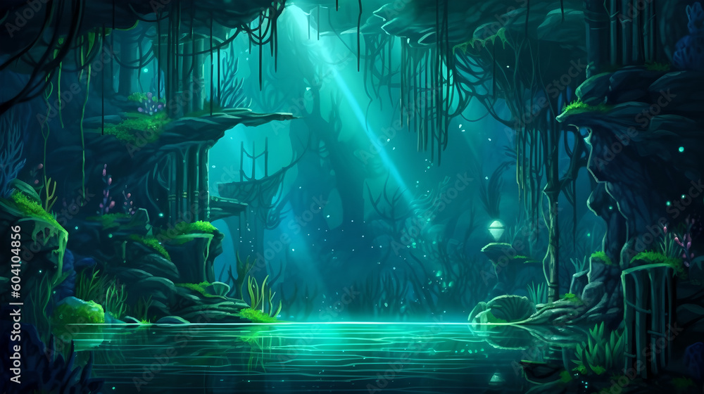 Wall mural rpg gaming battle scene underwater dungeon in pixel 8bits 16bits 32 bits style - Wall murals
