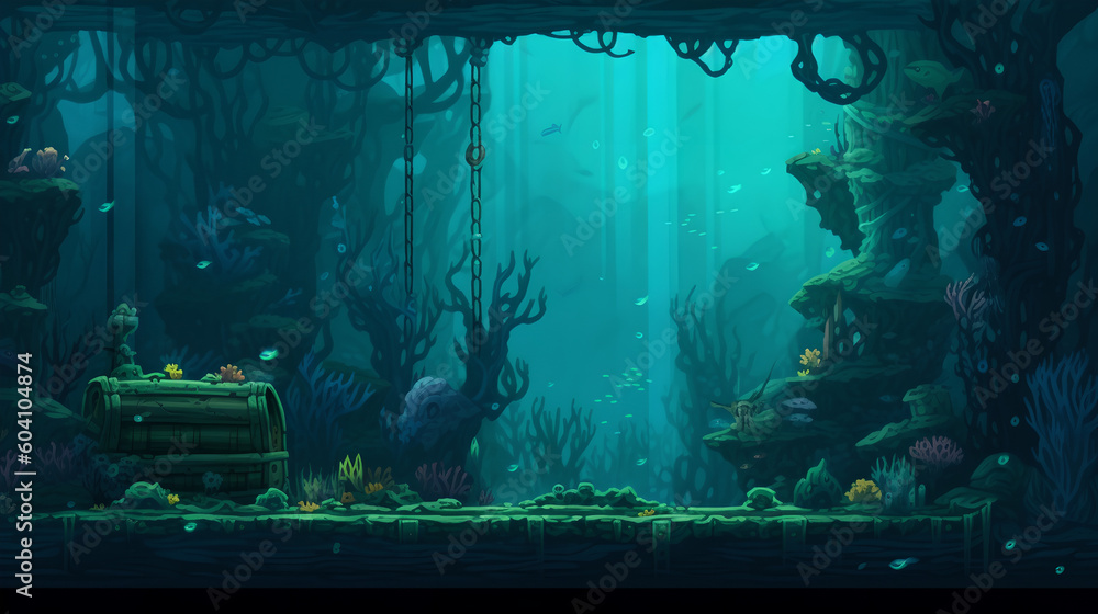 Wall mural rpg gaming battle scene underwater dungeon in pixel 8bits 16bits 32 bits style - Wall murals