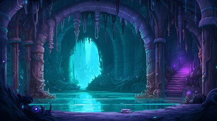 RPG Gaming Battle Scene Underwater Dungeon in Pixel 8bits 16bits 32 bits Style