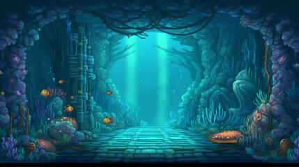 RPG Gaming Battle Scene Underwater Dungeon in Pixel 8bits 16bits 32 bits Style