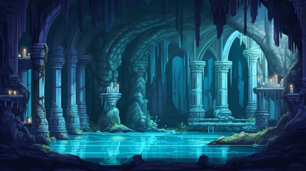 RPG Gaming Battle Scene Underwater Dungeon in Pixel 8bits 16bits 32 bits Style - obrazy, fototapety, plakaty