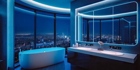 Obraz premium A detailed image of a modern bathroom, illuminated by LED strips, with large windows overlooking the greatest city view of skyscrapers - Generative AI