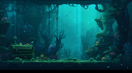 RPG Gaming Battle Scene Underwater Dungeon in Pixel 8bits 16bits 32 bits Style