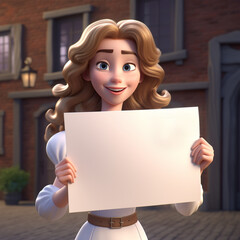 giovane ragazza in stile 3d cartoon  mostra un grande biglietto da visita rettangolare bianco dove puoi inserire ciò che desideri - obrazy, fototapety, plakaty