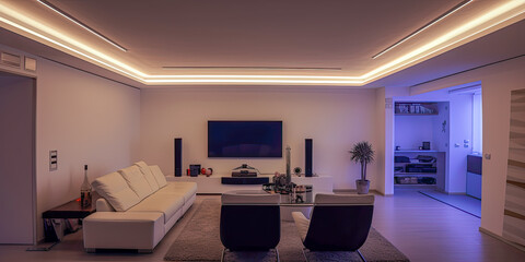 Ultra modern interior with tv screens and sofa. Led lights illumination - Generative AI