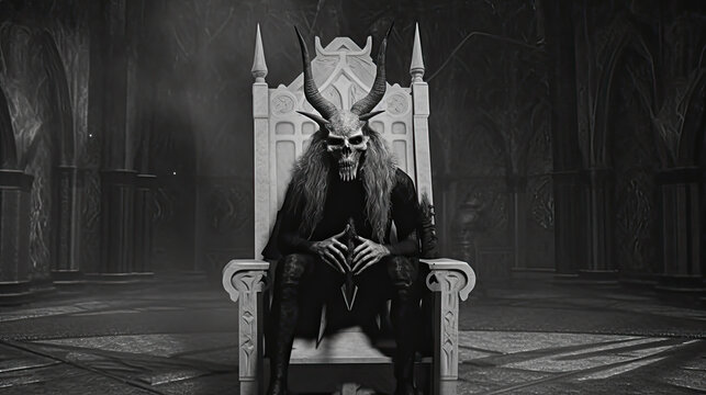 demon skeleton king with horns sitting on throne chair in black and white gothic inspired, 