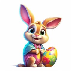 An Easter bunny has a colorful egg. (Generative AI)