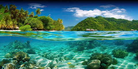 Fototapeta na wymiar Clear water with tropical islands in the background - Generative AI