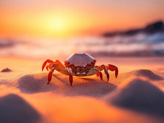Fototapeta na wymiar crab on beach sand ultra realistic photo sunset atmosphere. ai generative