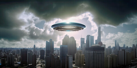 Fototapeta na wymiar A big city being attacked by a UFO in stormy weather - Generative AI
