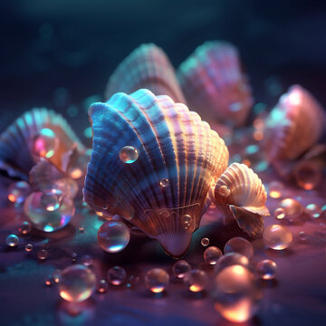Closeup dreamy pink toned seashell water drops
