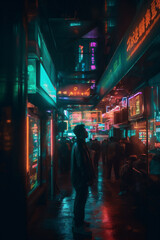 Obraz premium Evening street view of an old city in Asia, neon light effect