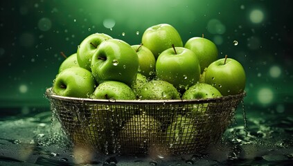 Green Apples Being Swarmed in Water in a Net Basket. Generated AI