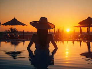 Woman relaxing by the pool in a luxury hotel on sunset. ai generative