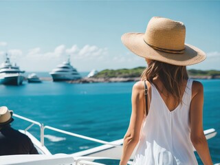 girl in a hat on a yacht back view. ai generative
