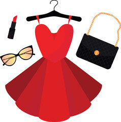 Red dress, black bag, glasses, red lipstick. Girl's set. High quality vector illustration.