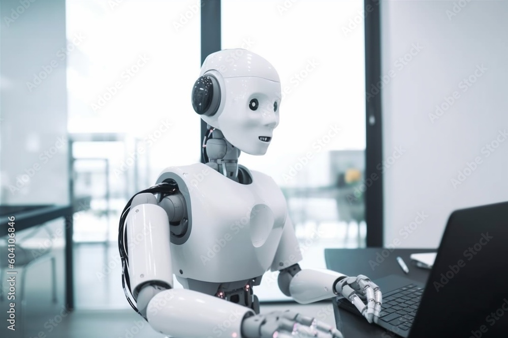 Poster digital office ai paper document laptop hand artificial robot technology. generative ai.