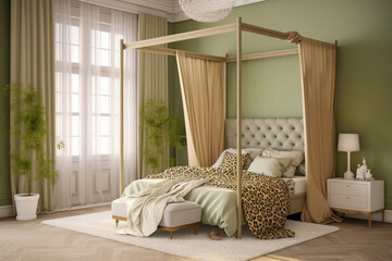 Modern cozy bedroom, classic interior design with pastel colors and animal leopard print. Super photo realistic background, generative ai illustration